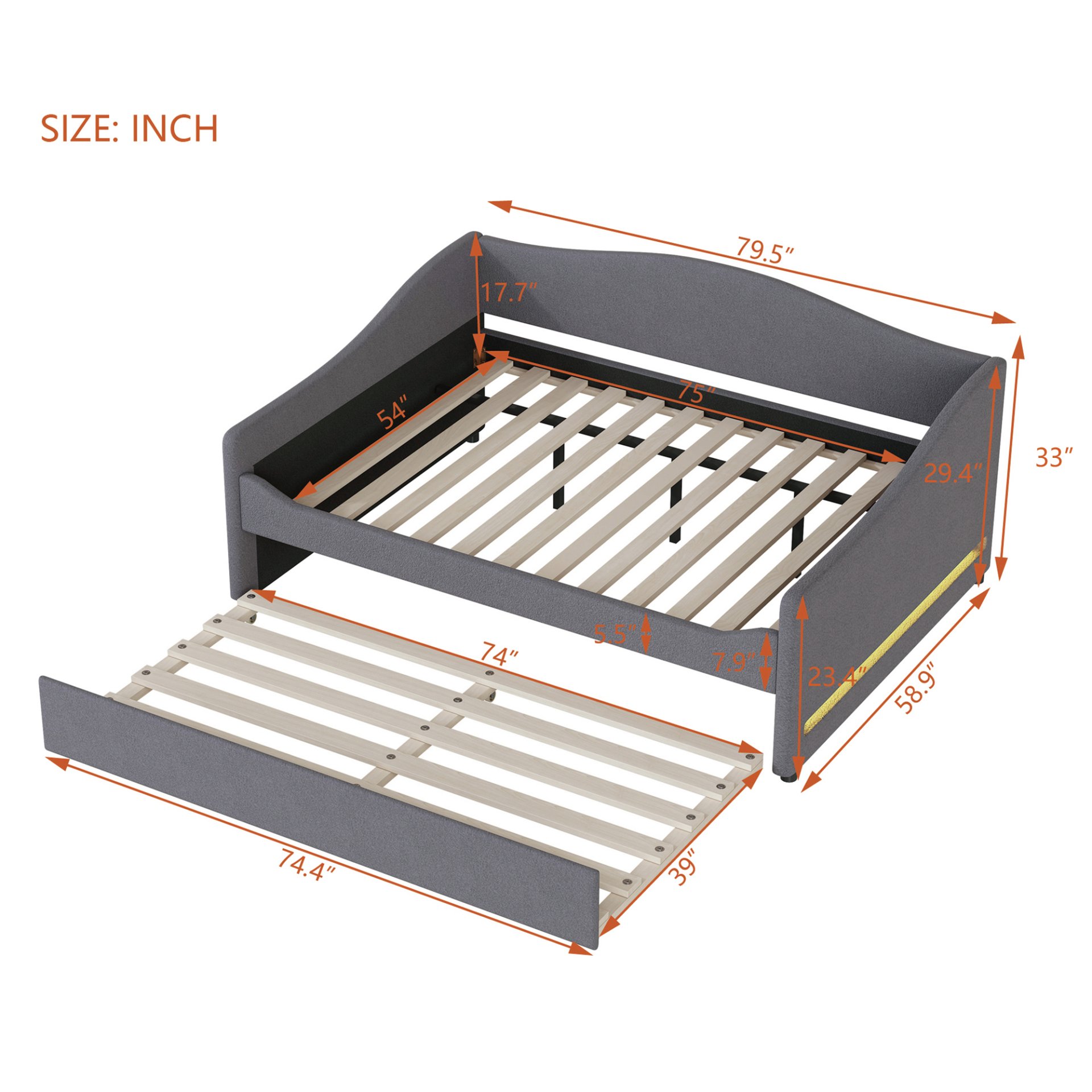 Full Size Upholstered Daybed With Light And Trundle - Gray - Image 7