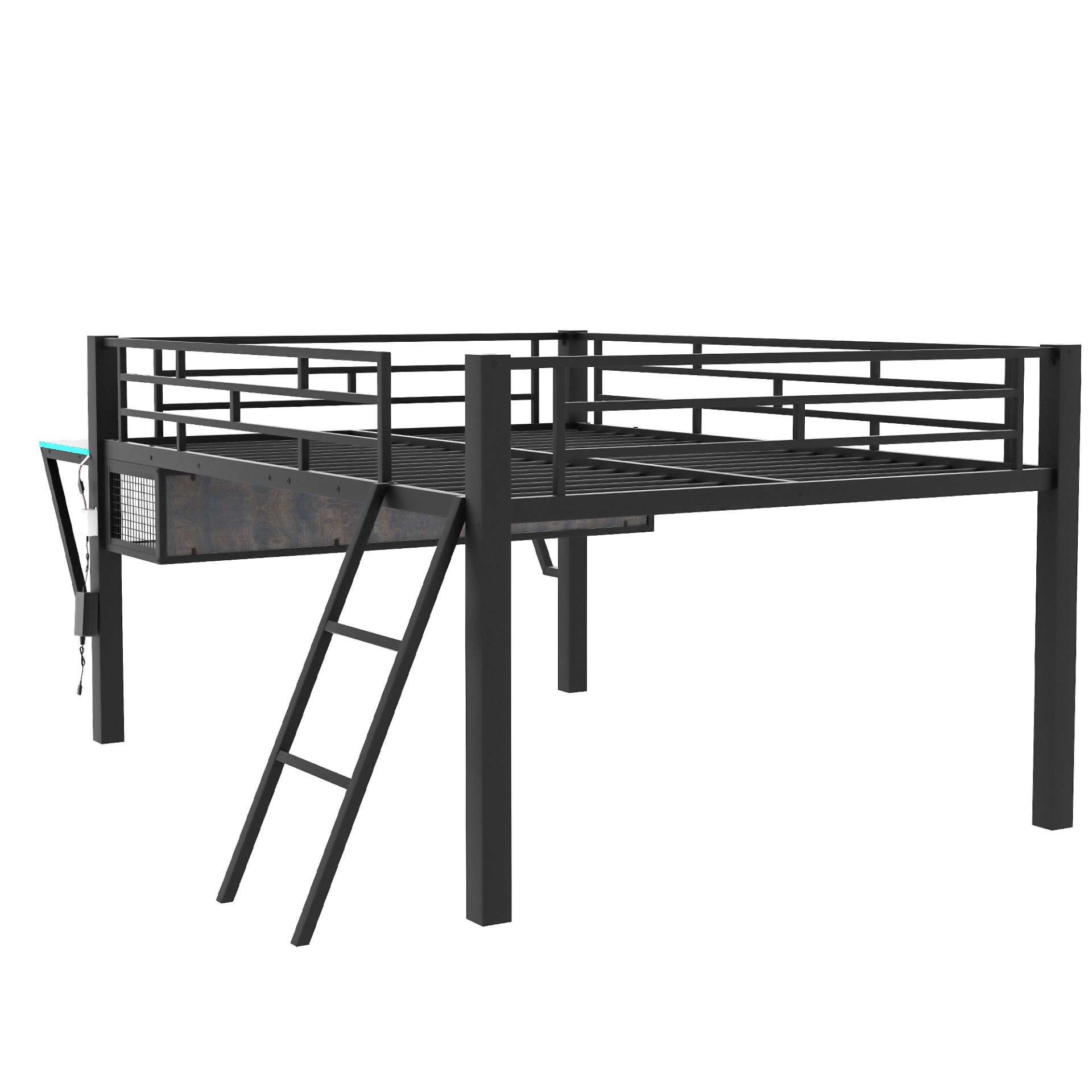 Full Size Modern Gaming Mid Loft Bed With Desk And LED Lights - Black - Image 9