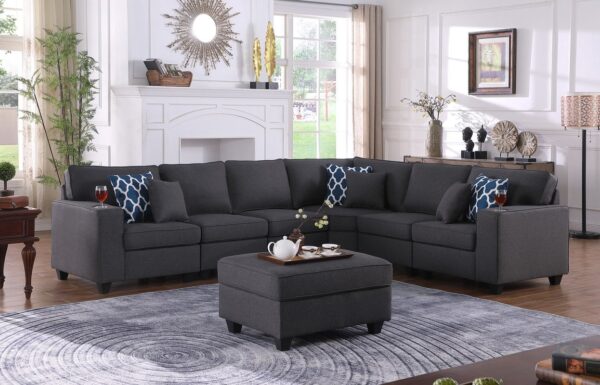 Cooper - 7 Piece Reversible L-Shape Sectional Sofa & Comfort Ottoman And Cupholder - Dark Gray