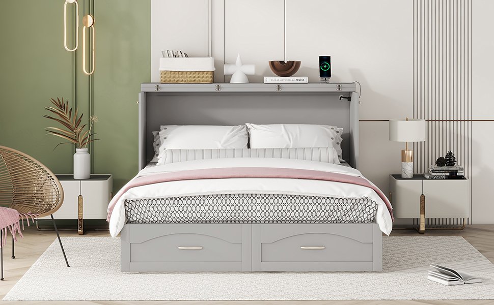 Queen Size Murphy Wall Bed With Drawer And A Set Of Sockets & USB Ports, Pulley Structure Design - Gray - Image 14