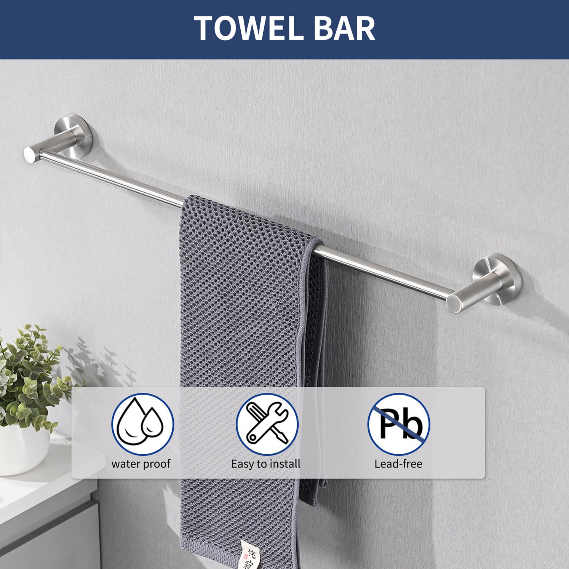 Bathroom Set 4 Pack With Towel Bar Racks, Toilet Paper Holder, Ring, Hook, Stainless Steel - Brushed Nickel - Image 5