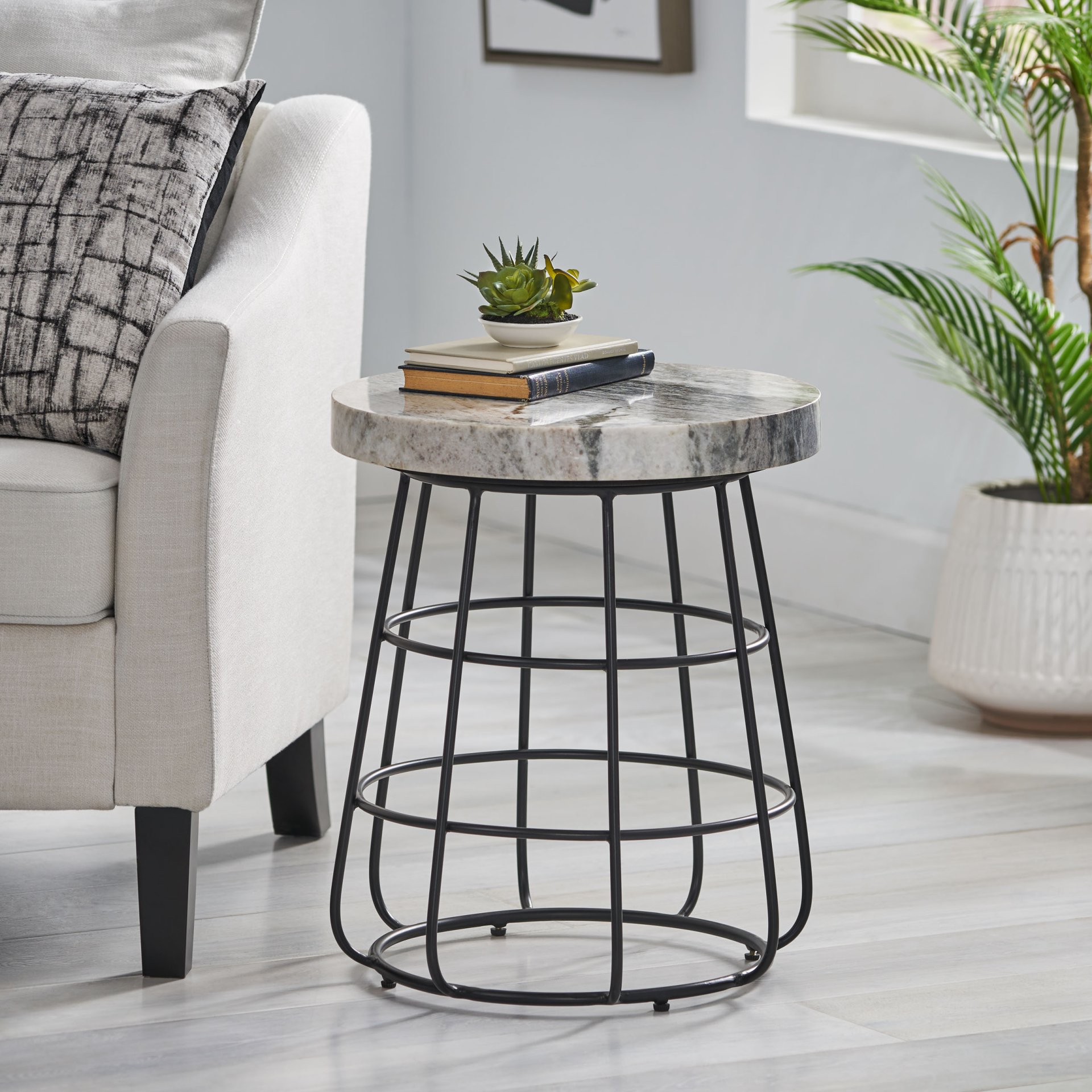 Side Table With Marble Top And Iron Base - Black / White - Image 2