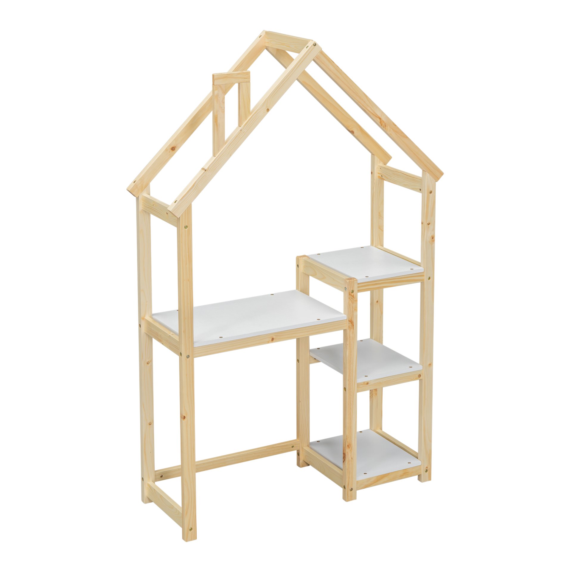 House-Shaped Wooden Writing Desk, Kids Study Table, Bookshelf & Toy Storage - Natural - Image 12