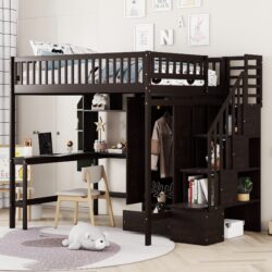 Full Size Loft Bed With Bookshelf, Drawers, Desk, And Wardrobe - Espresso
