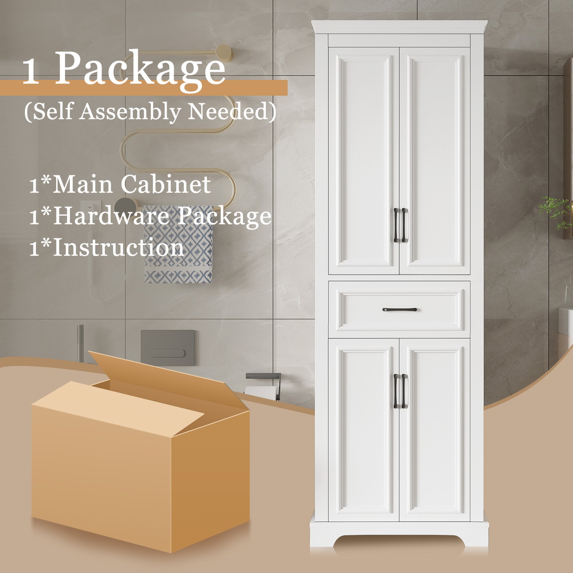 Freestanding Bathroom Vanity, Elegant Design With 4 Doors & 1 Drawer, Adjustable Shelves, Damping Hinges - White - Image 10