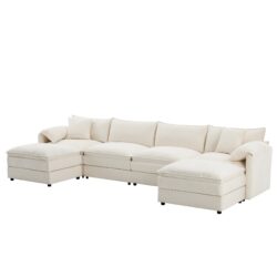 Modular Sectional With Deep And Wide Seat, U Shaped Cloud Couch Set With Double Cushions 6 Seat Sofa With Movable Ottomans Oversized - Cream