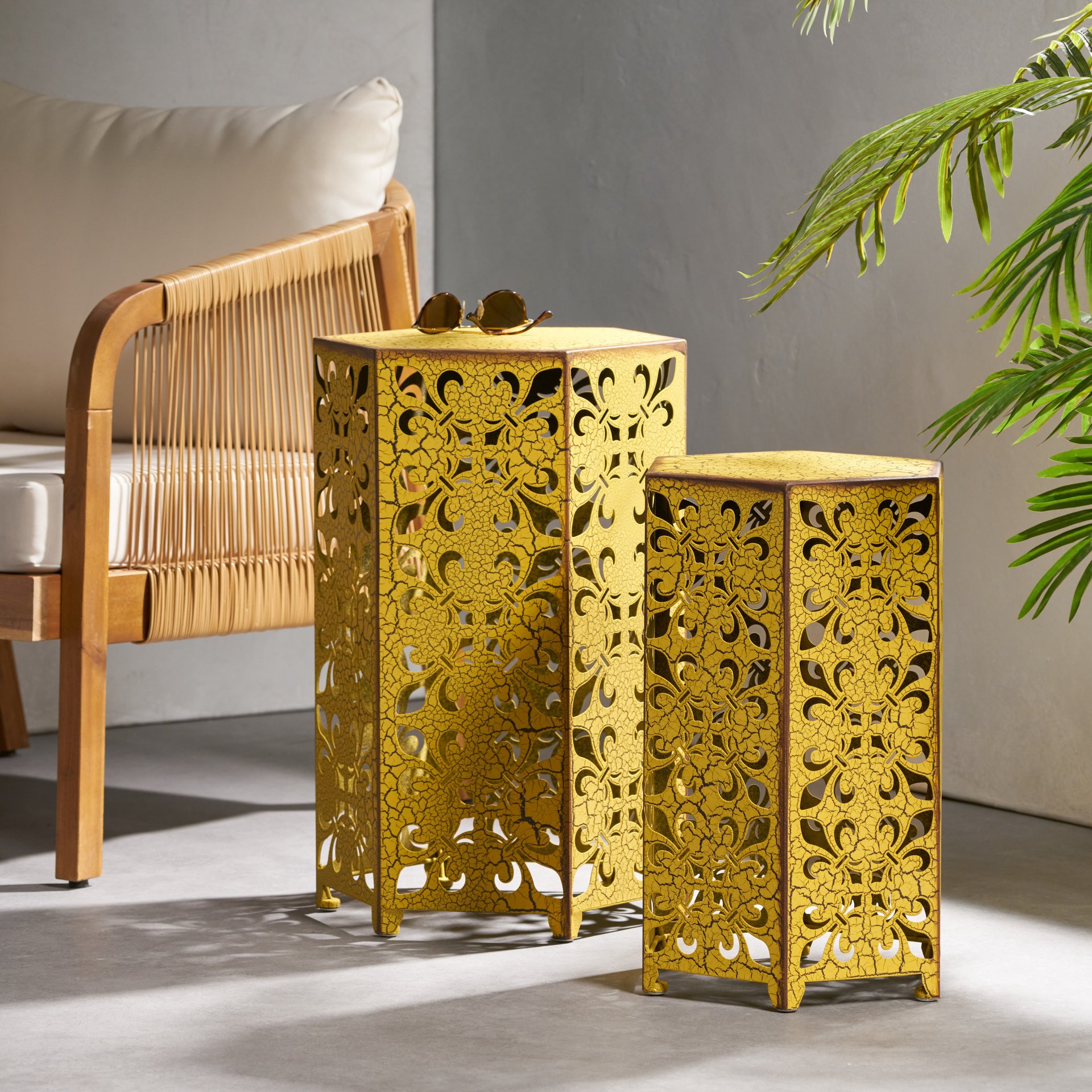 Outdoor Hexagonal Accent Table Set With Charming Fleur De Lis Panel Sides - Antique Yellow - Image 4