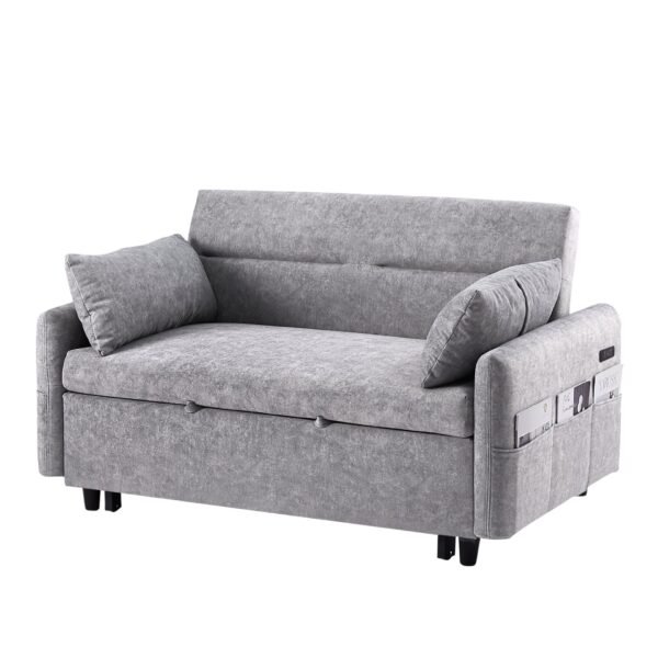 Pull Out Sleep Sofa Bed Loveseats Sofa Couch With Adjsutable Backrest, Storage Pockets, 2 Soft Pillows, USB Ports For Living Room, Bedroom, Apartment, Office - Gray