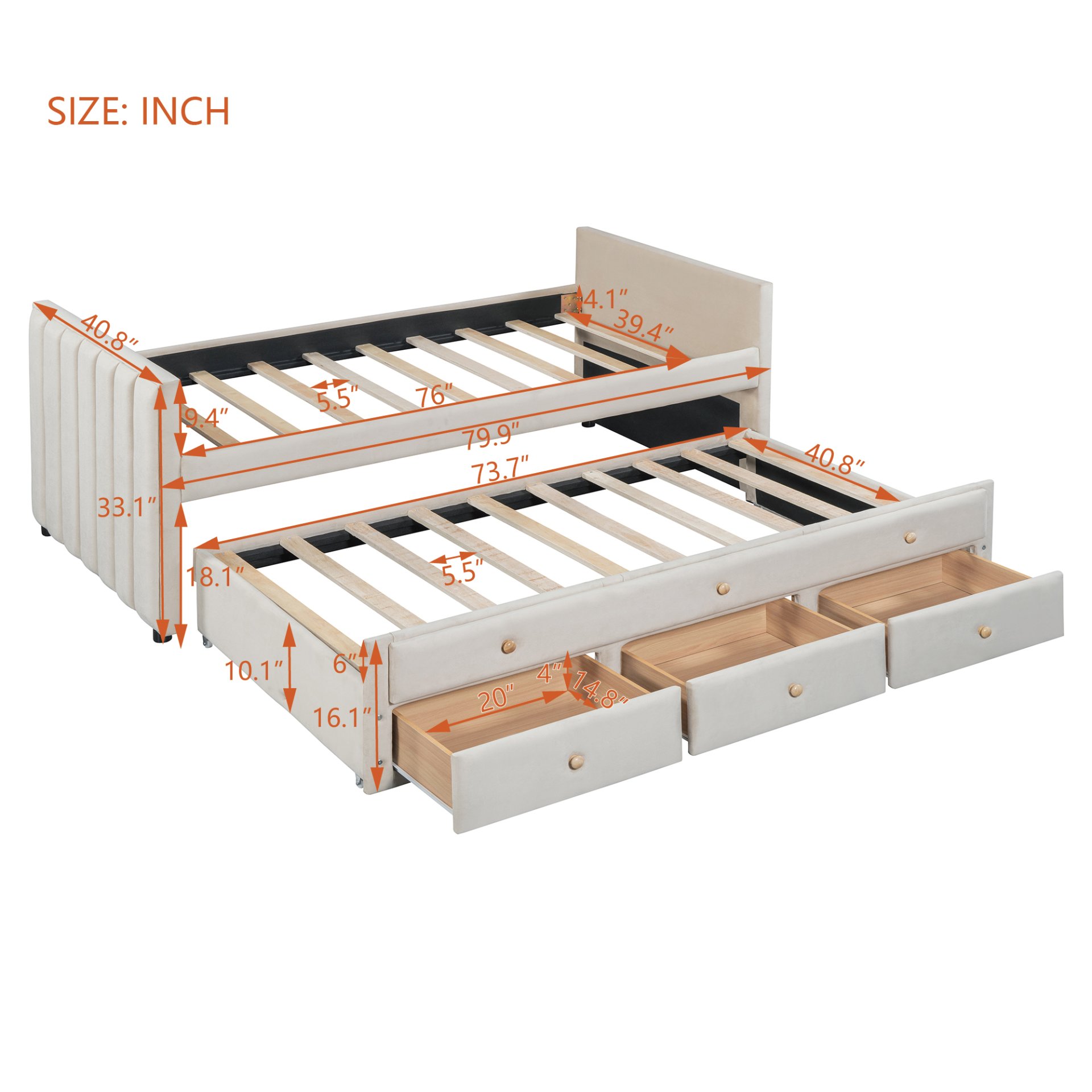 Twin Size Upholstered Daybed With Twin Size Trundle And Drawers - Beige - Image 13