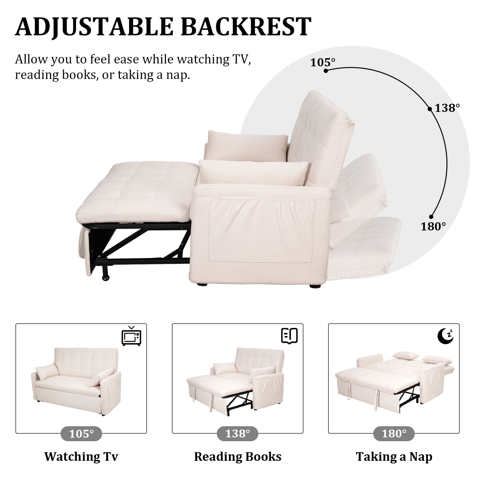 Balus - 2 In 1 Convertible Sofa Bed With Storage And Adjustable Backrest - Beige - Image 9