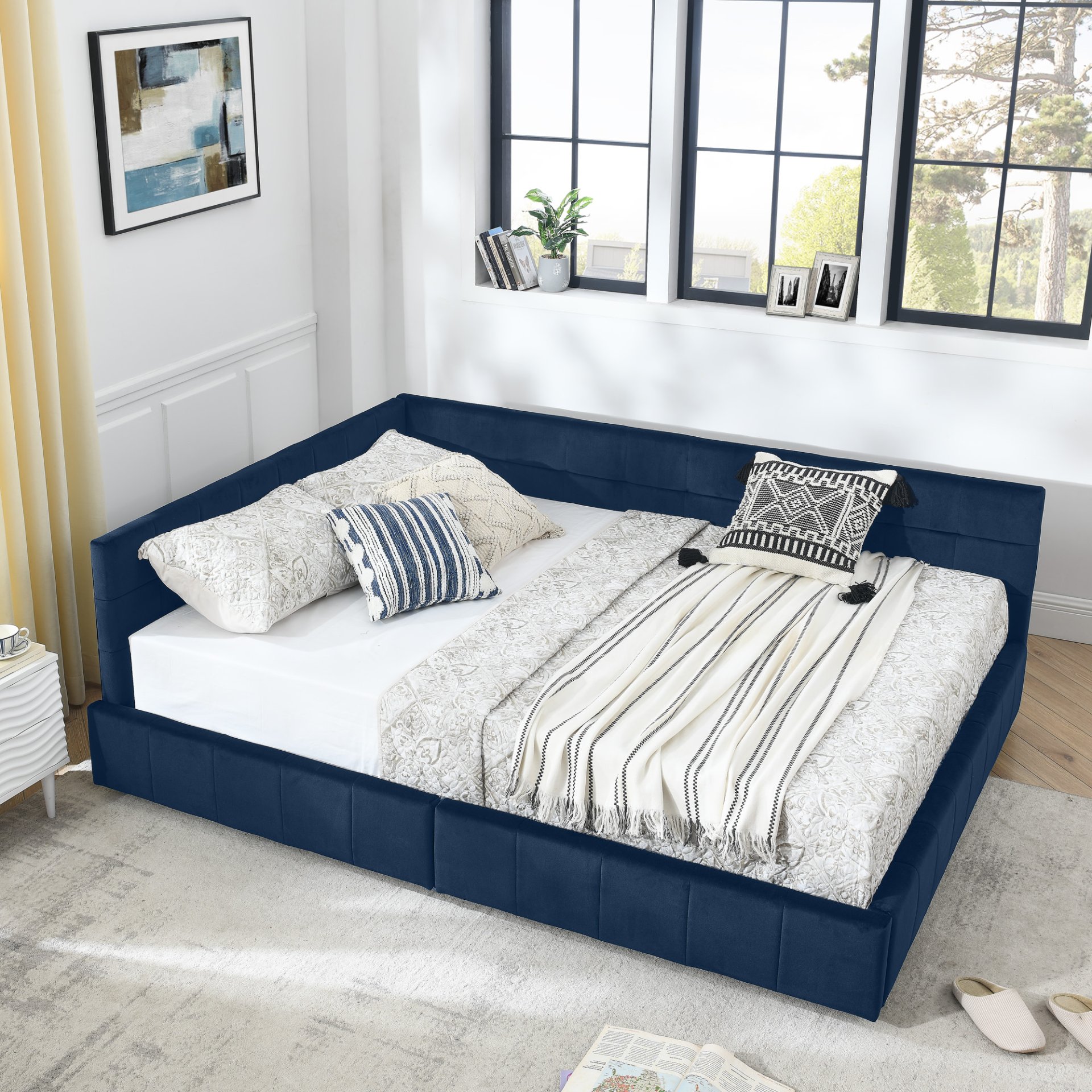 Queen Size Storage Upholstered Tufted Bed Frame, Comfortable Sofa Bed With Backrest And Armrests - Dark Blue - Image 10