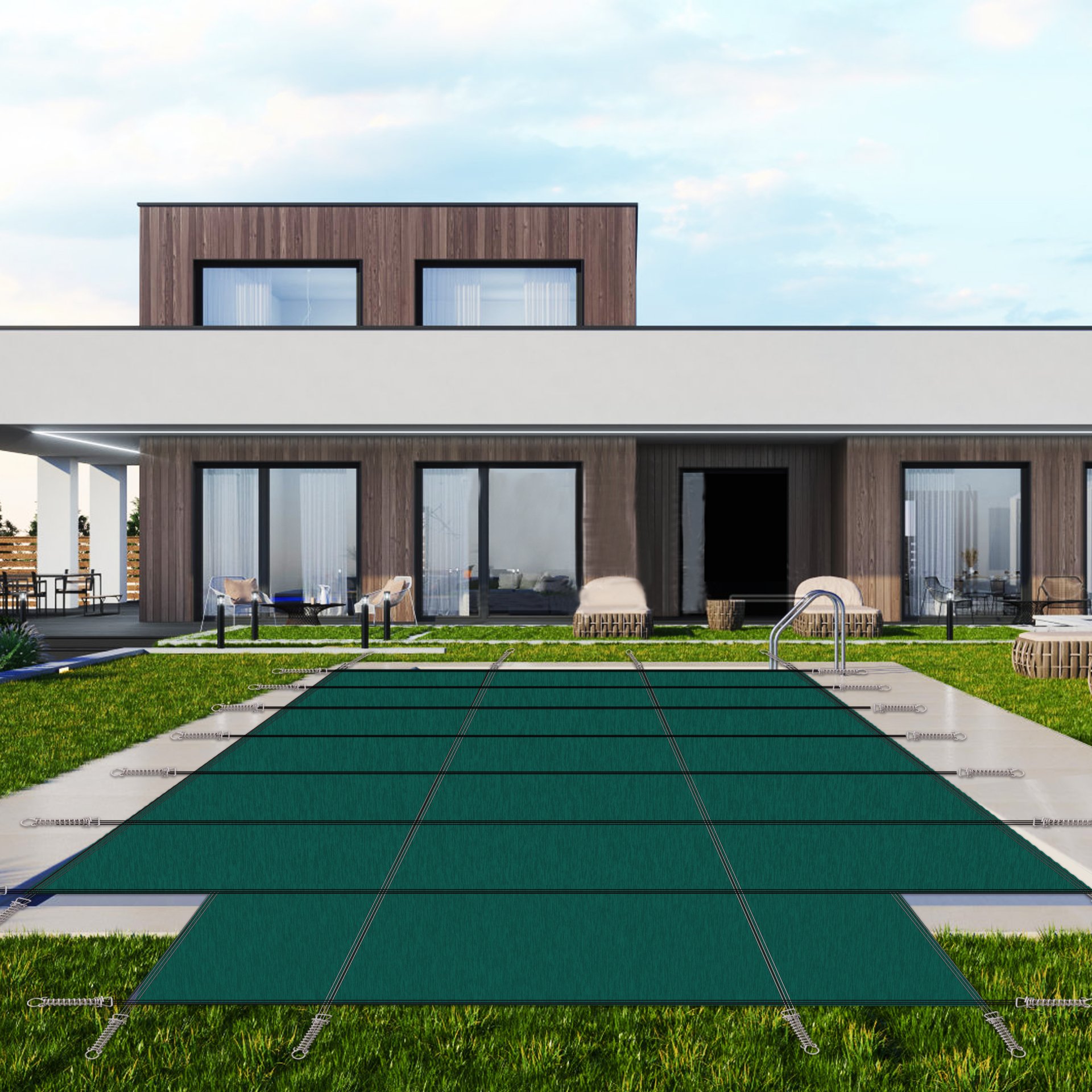 High Strength Mesh Pool Safety Cover With Installation Hardware, 16 X 32Ft With 4 X 8Ft End Step - Green - Image 5