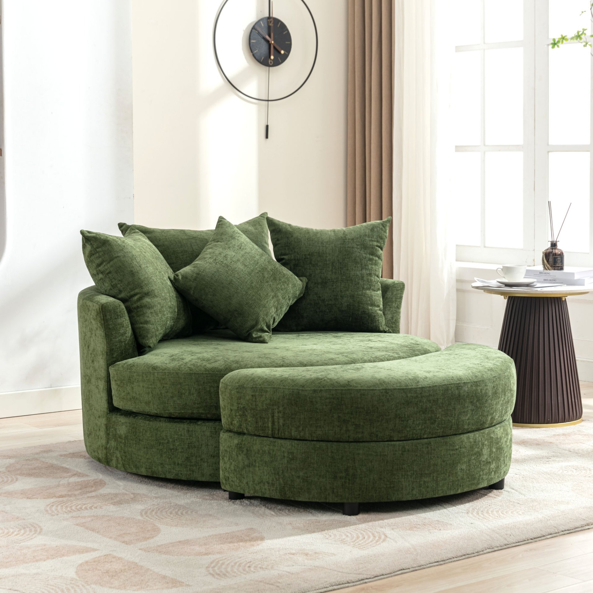 360° Swivel Accent Barrel Chair With Storage Ottoman & 4 Pillows, Modern Chenille Leisure Chair Round Accent For Living Room - Green - Image 16