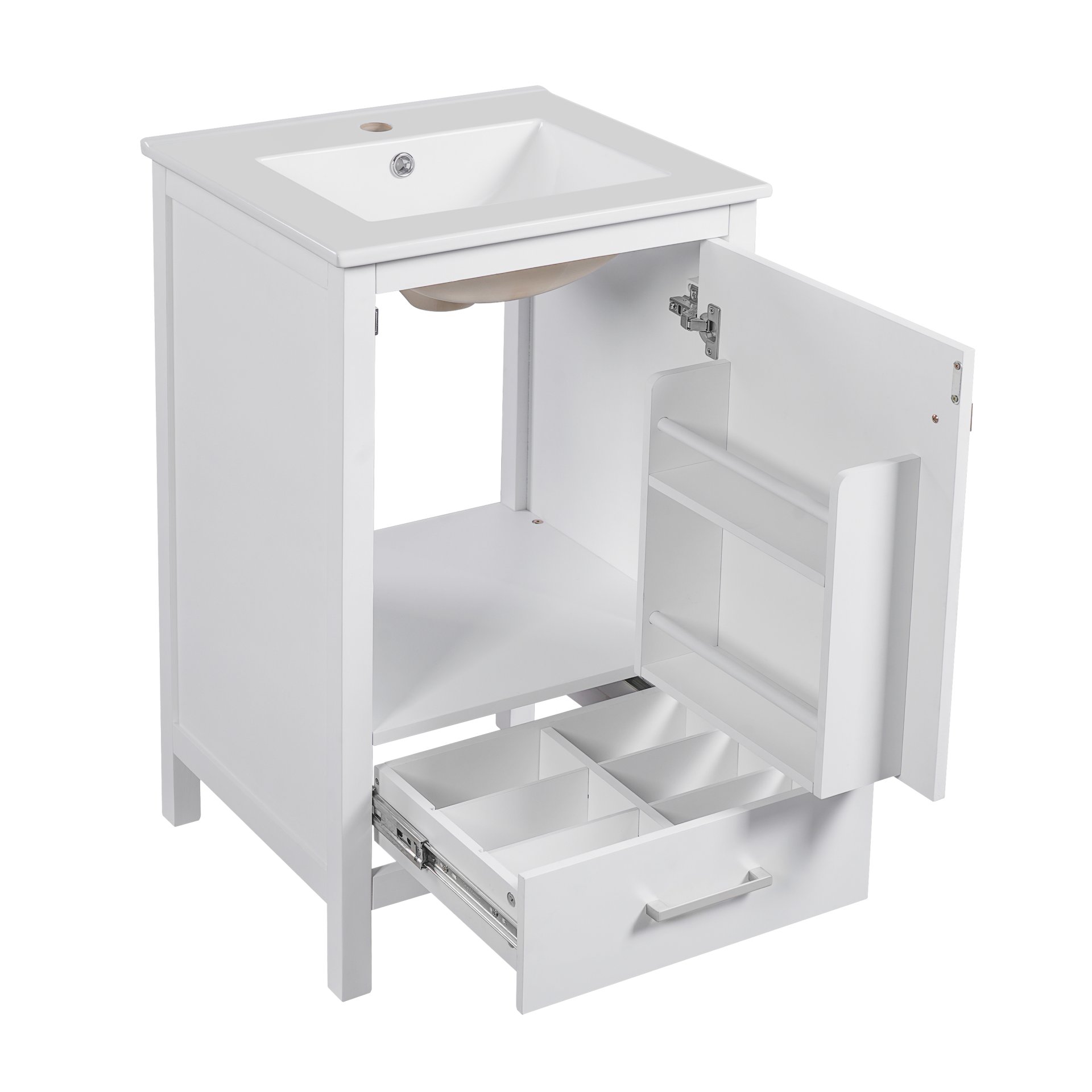20" Bathroom Vanity With Sink, Soft Close Drawers, Door Organizer, Divider Drawer, Adjustable Foot Pads - White - Image 14