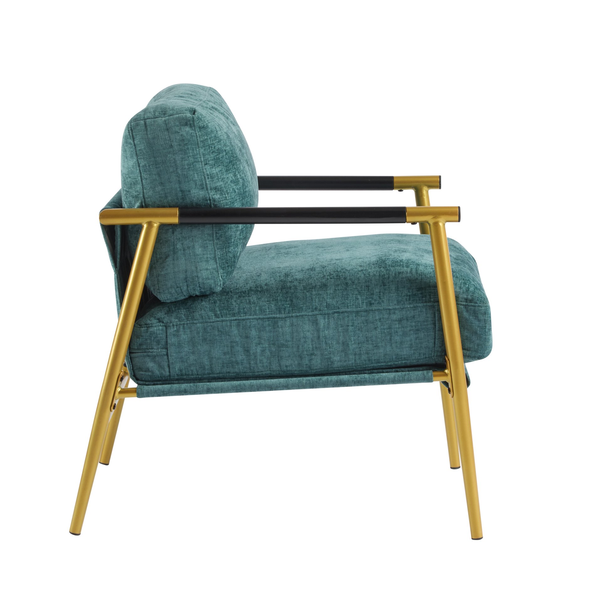 Modern Accent Chair With Plush Cushions, Metal Frame, Wooden Armrests Cozy Seating For Living Room, Bedroom, Office - Gold / Teal Blue - Image 15