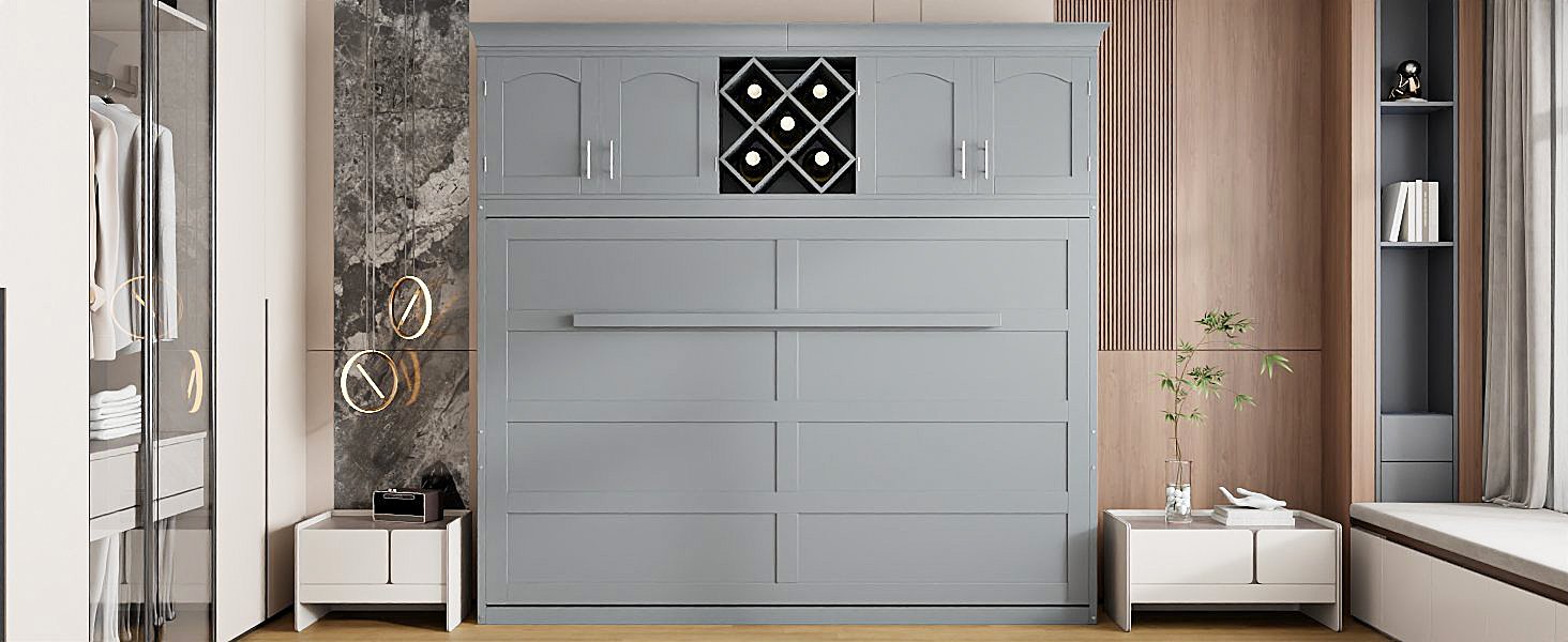 Queen Size Murphy Wall Bed With Top Cabinets & Wine Rack - Gray - Image 24