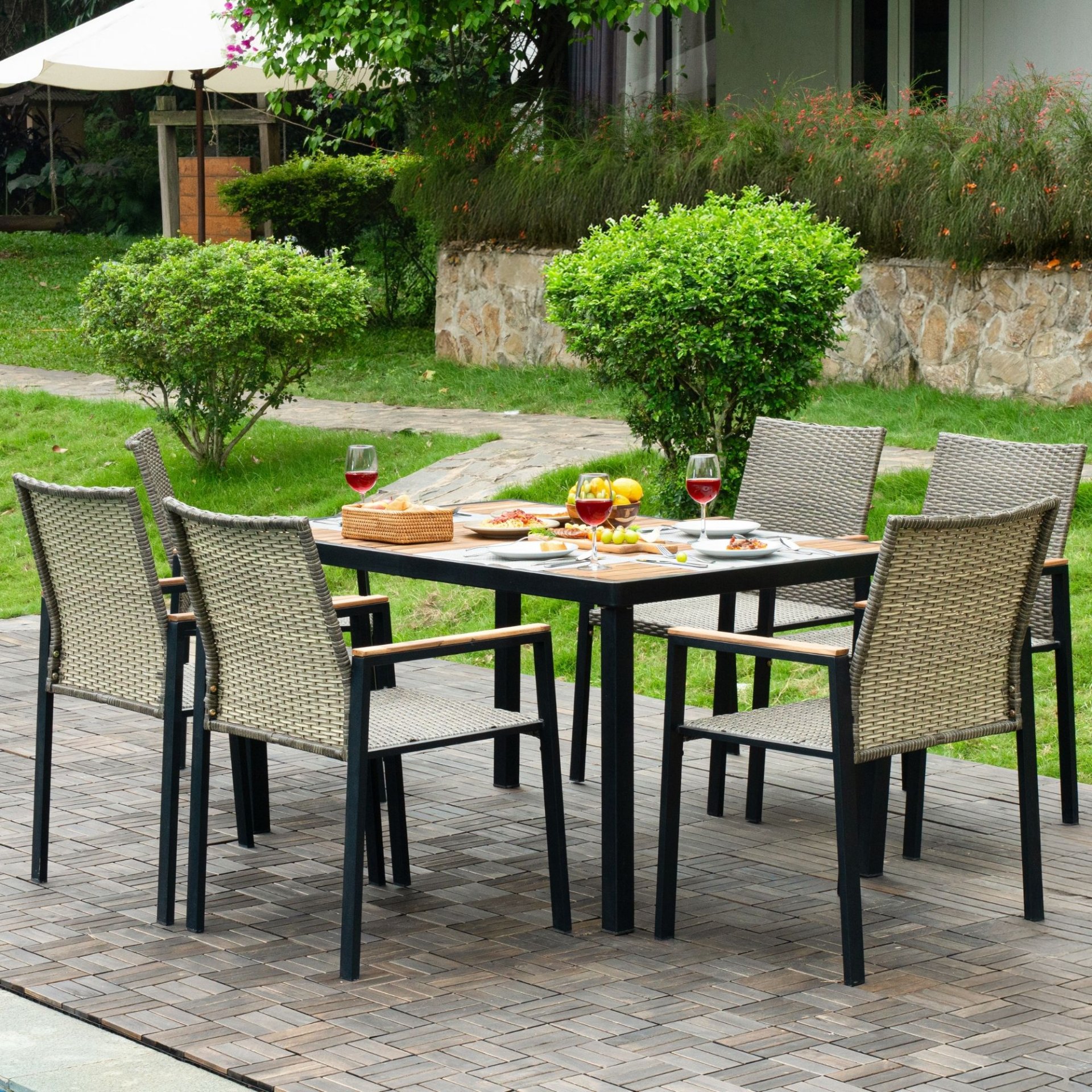All Weather 7 Piece Patio Dining Table Set With Umbrella Hole - Brown / Gray - Image 8