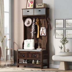 Hall Tree With 6 Hooks And Hinged Lid, Coat Hanger, Entryway Bench, Storage Bench, 3 In 1 Design, For Entrance, Hallway - Brown