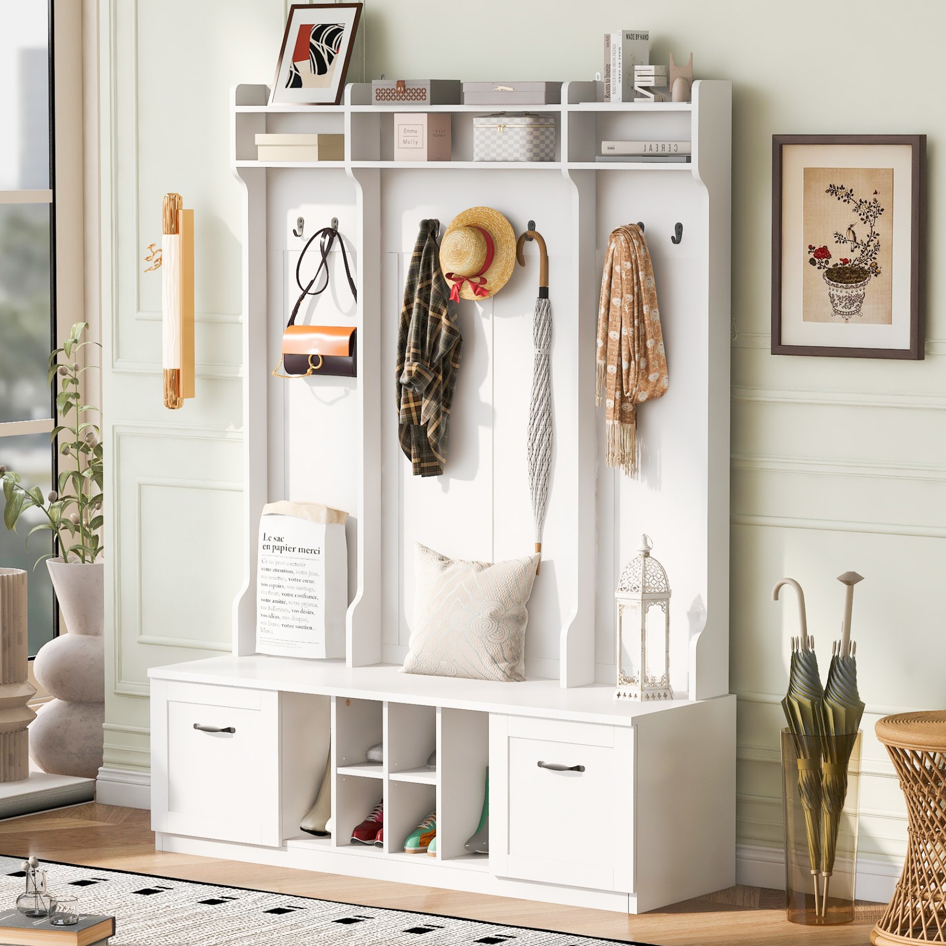 5 In 1 Entryway Bench With Coat Rack, 7 Sturdy Hooks, 2 Spacious Drawers And Adjustable Shelves, Wide Hall Tree With Metal Handles For Hallway - White - Image 3