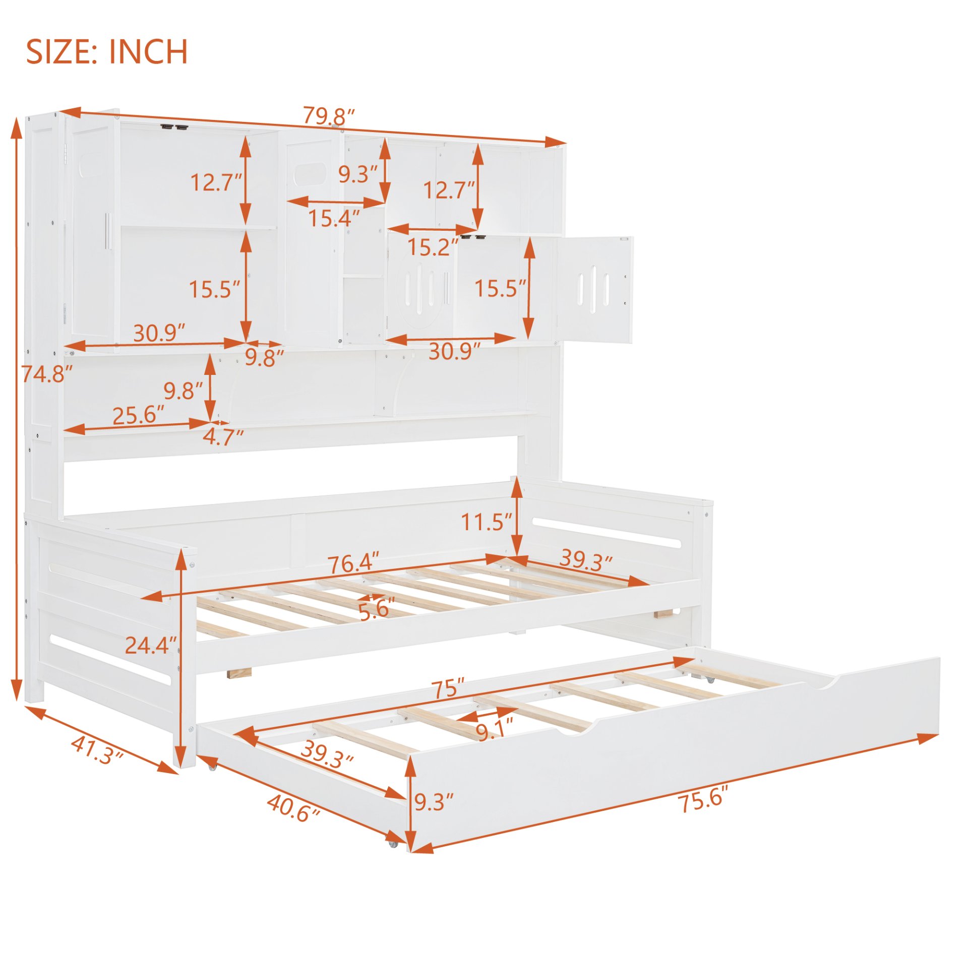 Twin Size Wooden Daybed With Twin Size Trundle, And All In One Cabinet And Shelf - White - Image 12