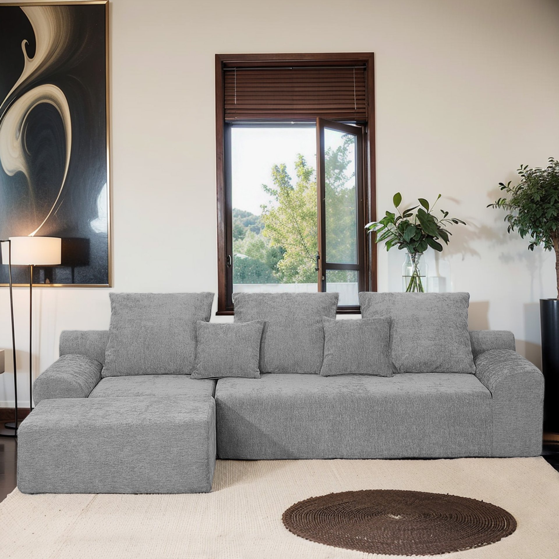 Modern L Shaped Sectional Sofa, Modular Velvet Couch With Adjustable Configurations - Gray - Image 2