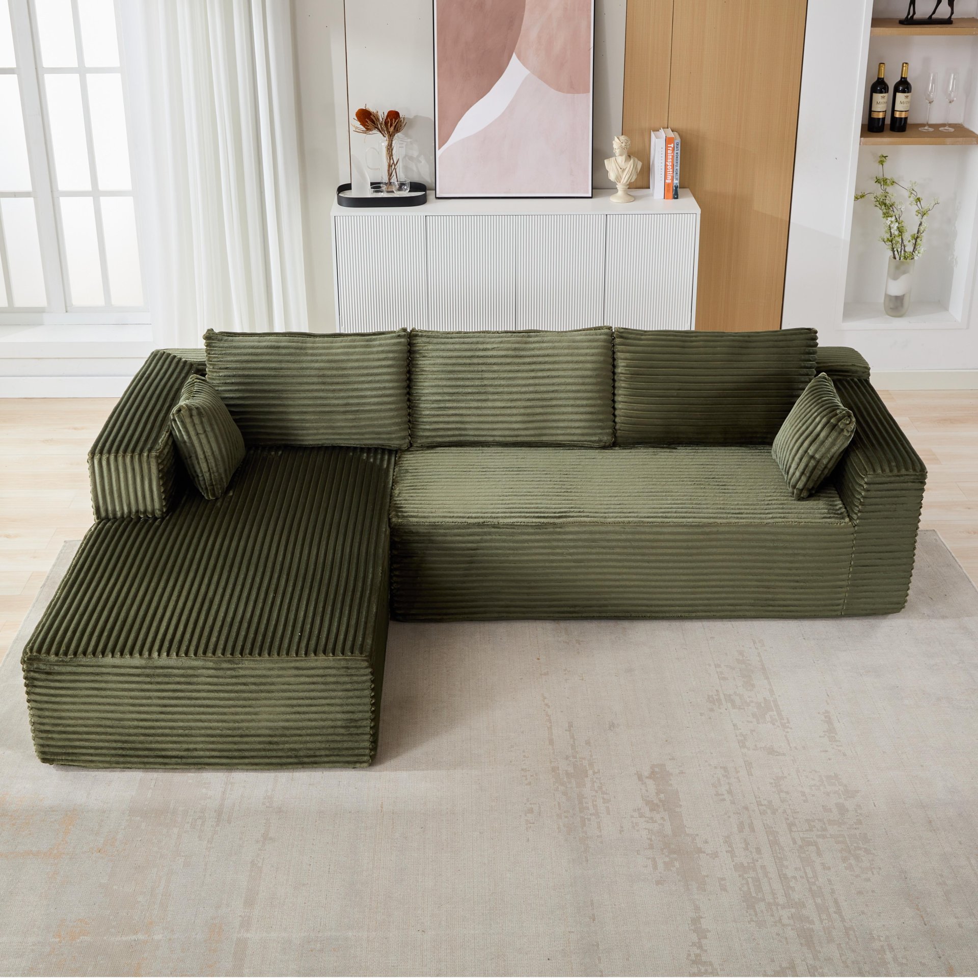 Compression Sectional Couch With Comfy Chaise, Boneless L Shape Sofa With Deep Seat, Minimalist Modular Couches Sleeper - Green - Image 9
