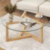 Round Glass Coffee Table Modern Cocktail Table With Tempered Glass Top & Sturdy Wood Base - Natural - Image 2