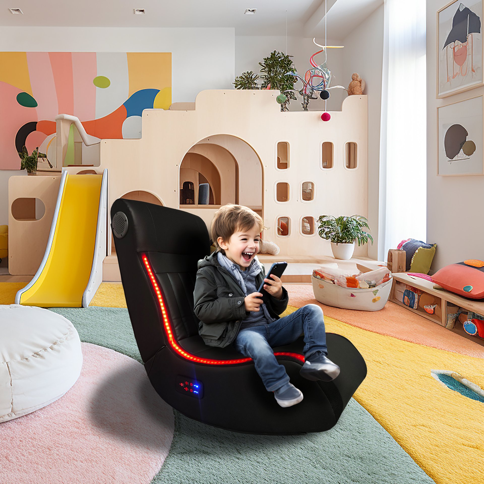 Foldable Gaming Chair With Onboard Speakers, LED Strip Lighting, Bluetooth, Vibration Massage, USB Charging Port - Black - Image 9