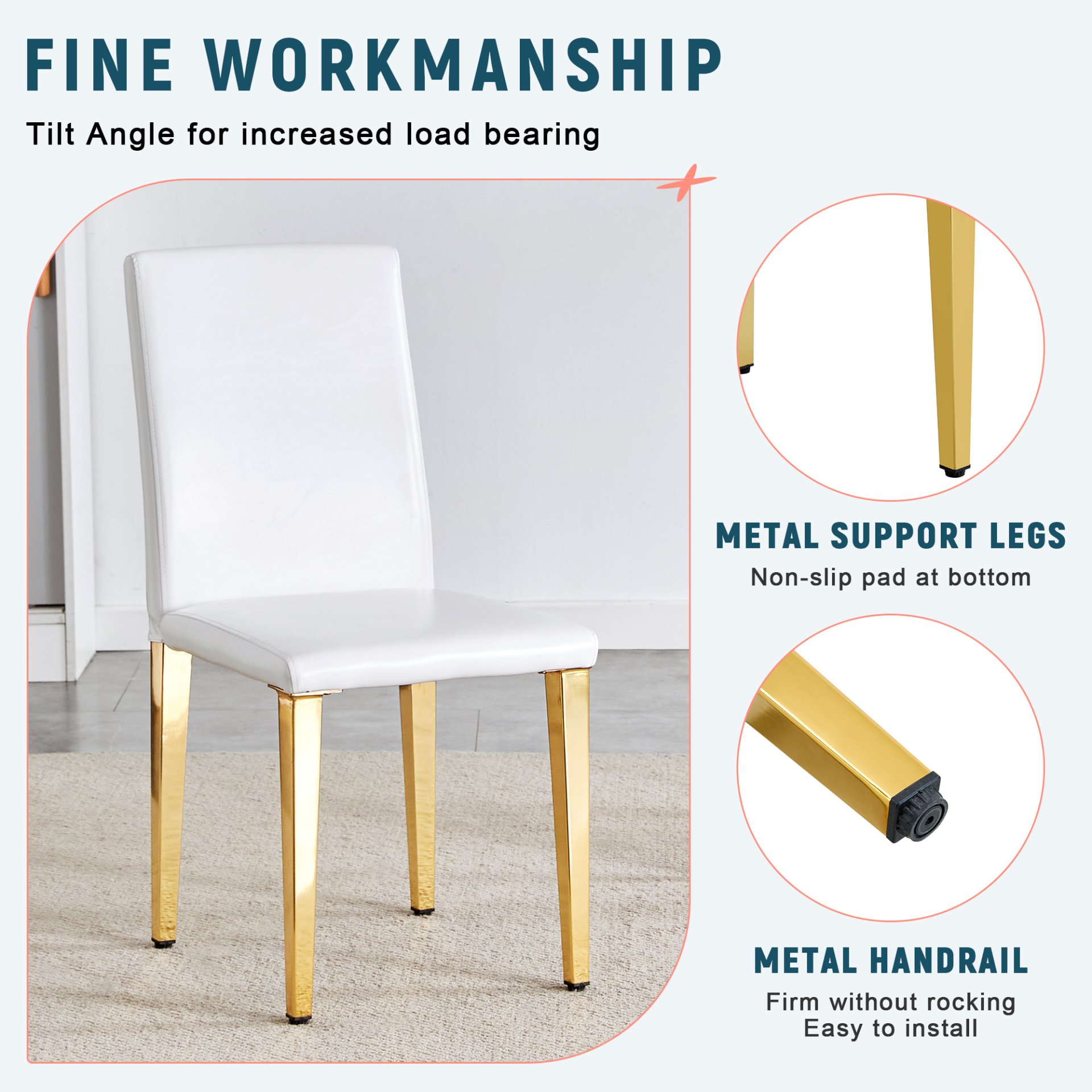 (Set of 4) Backrest Chairs With Gold Metal Legs A Perfect Match, Suitable For Minimalist And Contemporary Home Decor Styles - White / Gold - Image 8