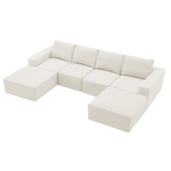Modular U Shaped Sectional With Ottomans, Luxury Cloud Floor Couch With Deep Seat Fully Compressed Upholstered Sofa - Beige
