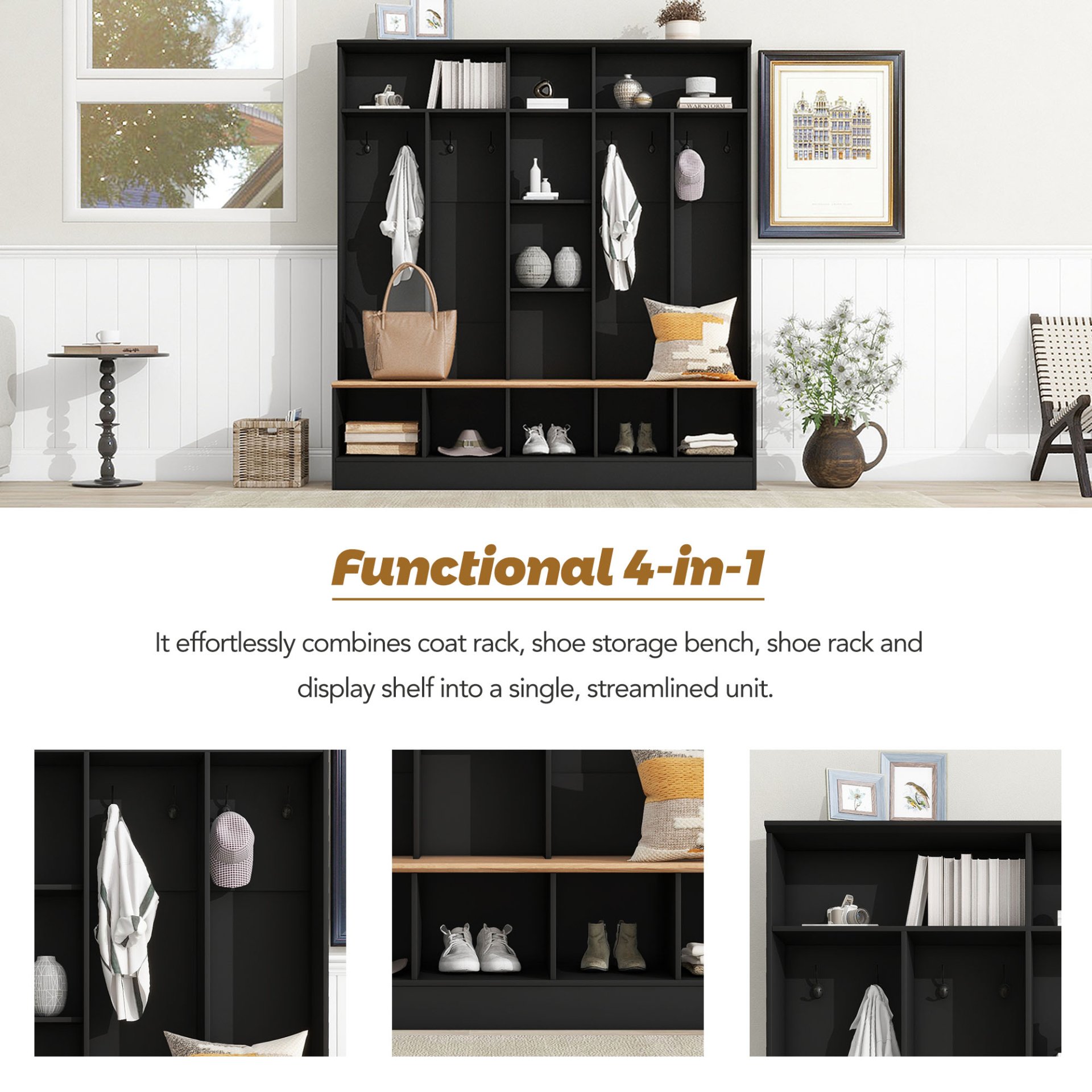 Wide Design Hall Tree With Storage Bench, Minimalist Shoe Cabinet With Cube Storage & Shelves, Multifunctional Coat Rack With 8 Hooks For Entryways, Mudroom - Black - Image 6