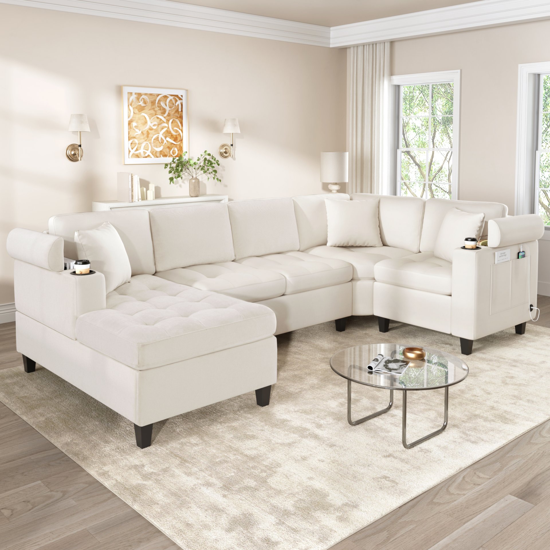 U Shaped Sectional Sofa, Corner Living Room Couch With Built In Cup Holders, Storage, USB Ports - Beige - Image 2