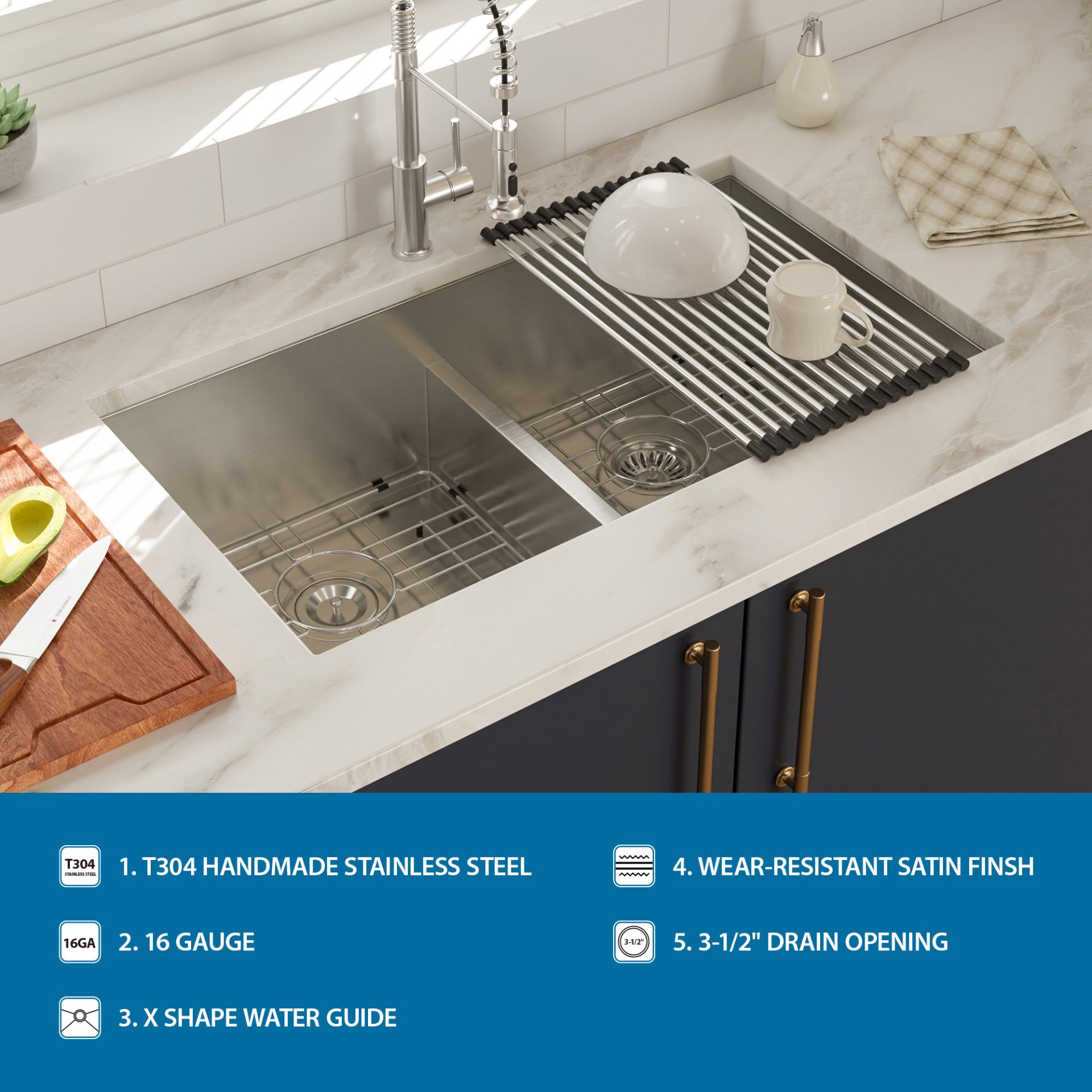 36" X 19" Double Bowl Undermount Sink With 2 10" Deep Basins - Brushed Nickel - Image 7