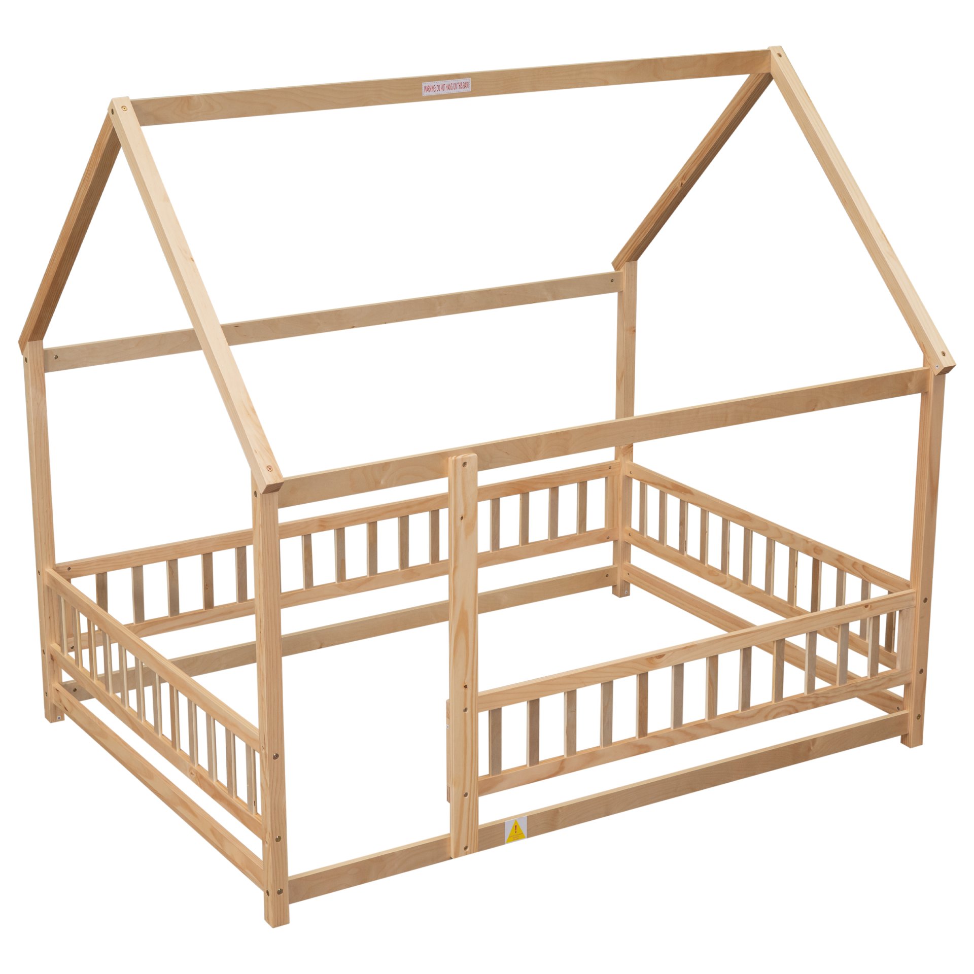 Full Size Floor Wooden Bed With House Roof Frame, Fence Guardrails - Nartural - Image 8