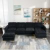 Elegant Velvet L - Shape Convertible Sectional Sofa With Movable Ottoman - Black - Image 9