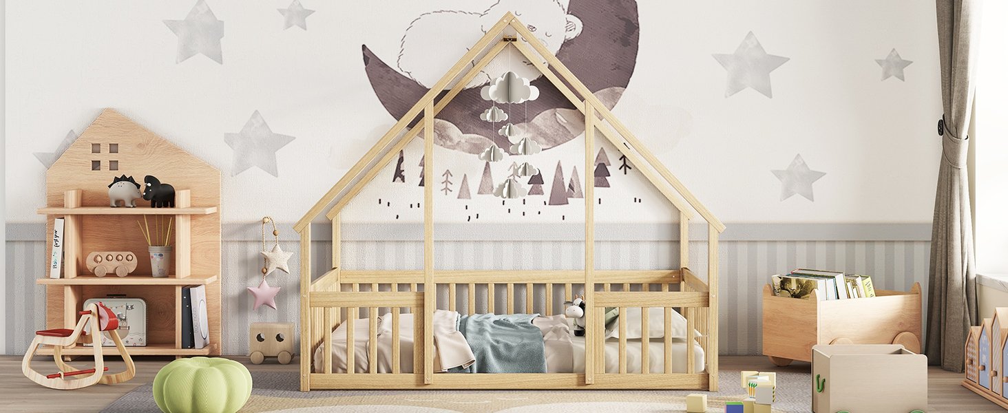 Full Wood House-Shaped Floor Bed With Fence, Guardrails - Natural - Image 11