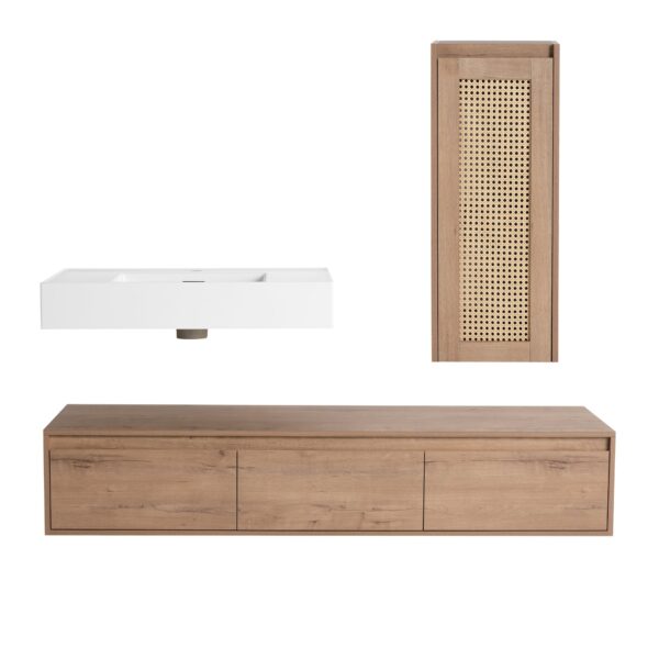 Imitative Wall Mounted Bathroom Vanity With Resin Sink And Side Cabinet, Soft Close Drawers - Imitative Oak