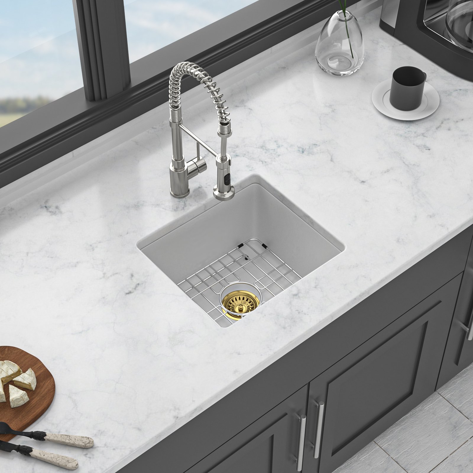 17.71" X 15.74" Elegant Quartz Kitchen Sink Undermount Granite Composite - White - Image 6