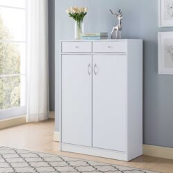 Shoe Storage Cabinet With Fives Shelves, Two Drawers, Fits 15 Pairs Of Shoes - White