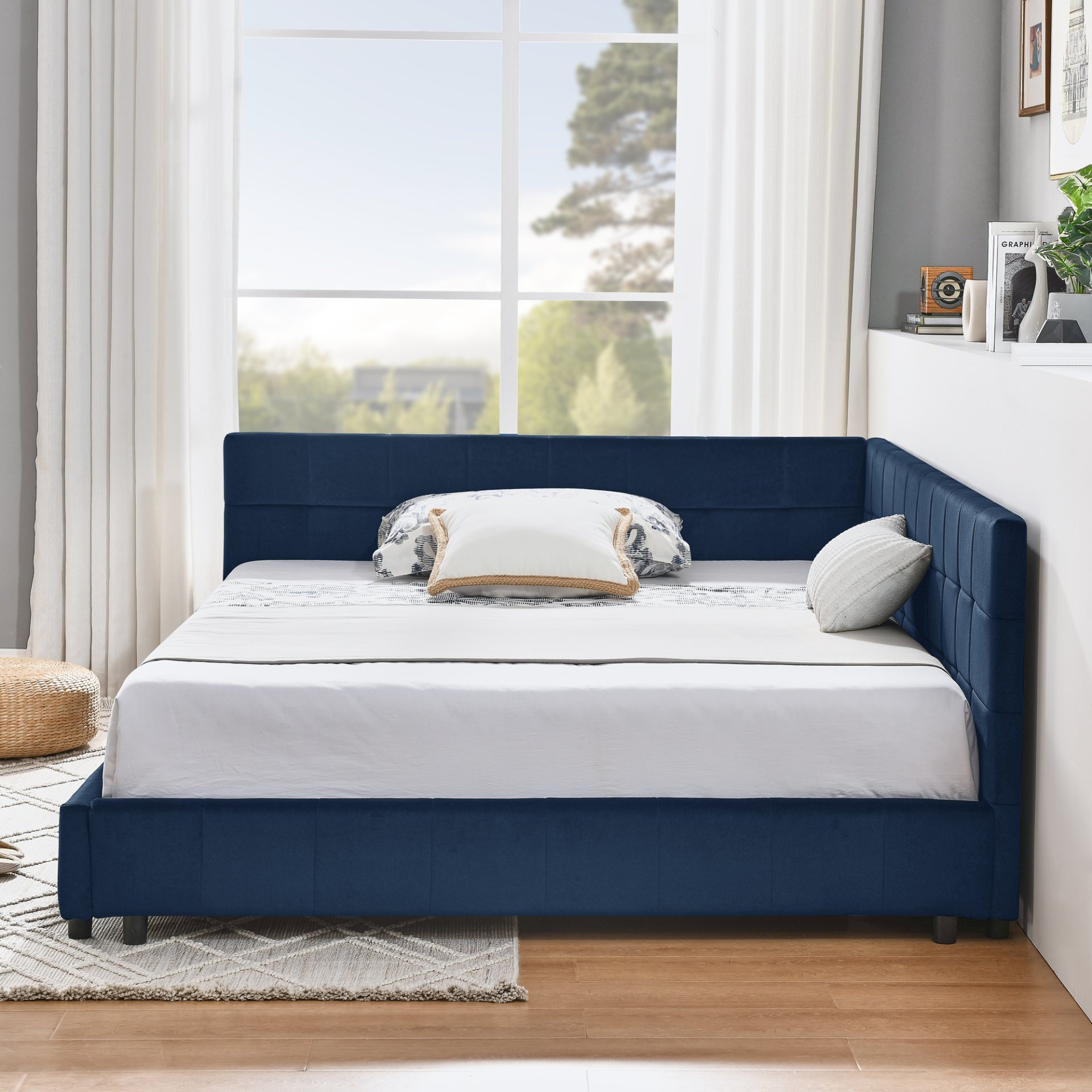 Mid Century Velvet Full Size Upholstered Tufted Bed Frame With Comfortable Backrest And Armrests - Dark Blue - Image 6