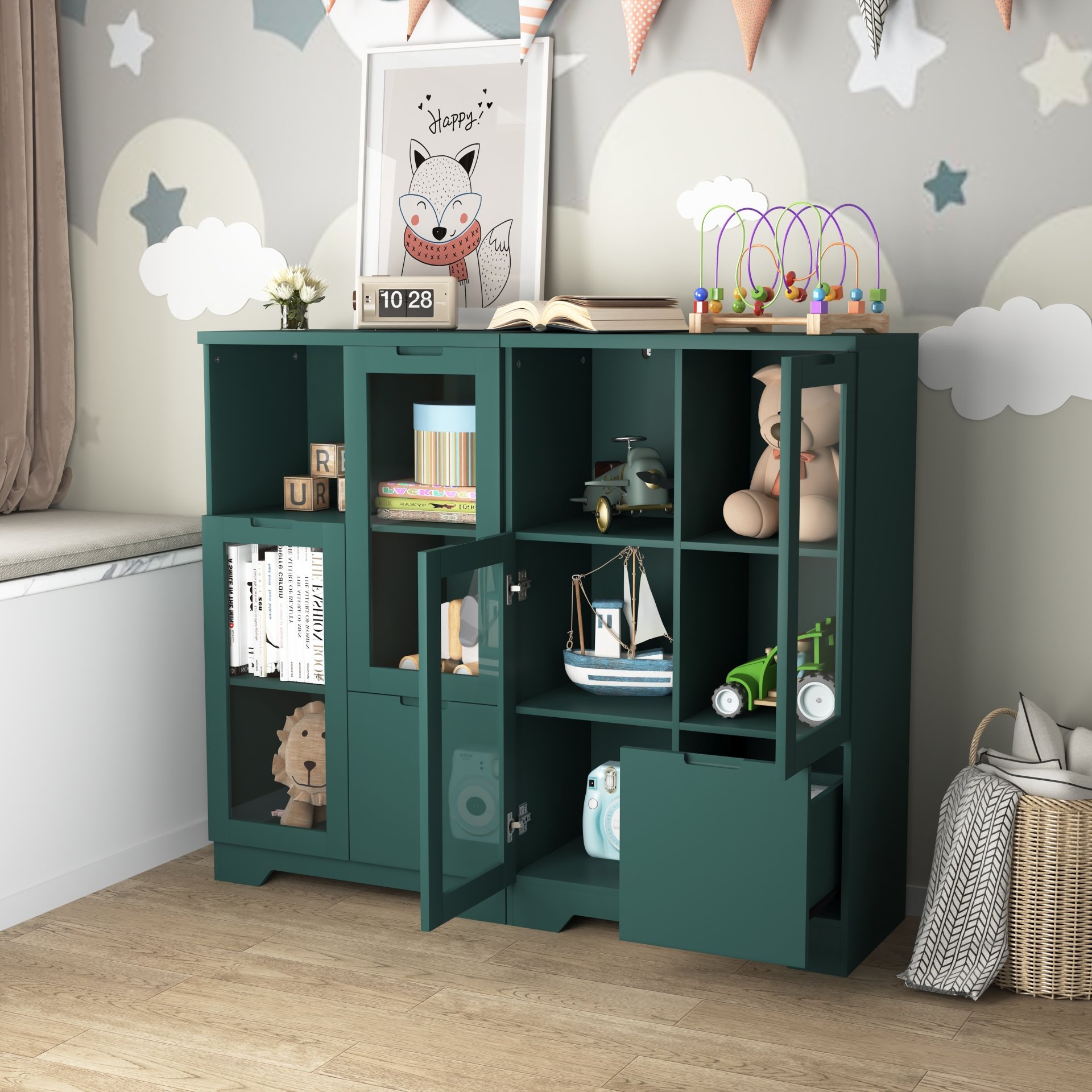 Modern Painted Cabinet With Glass Doors And Drawer - Green - Image 7