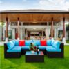 5 Pieces Rattan Sectional Outdoor Furniture Cushioned U Sof Set With 2 Pillow - Black / Blue - Image 2