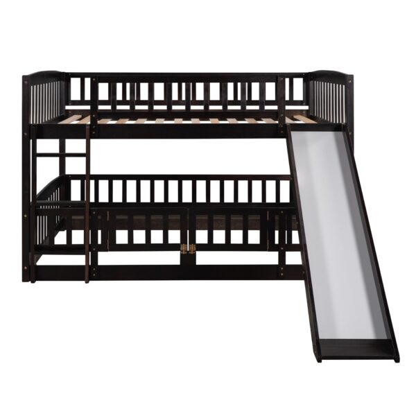 Full Over Full Low Bunk Bed With Slide, Fence And Ladder For Toddler - Espresso