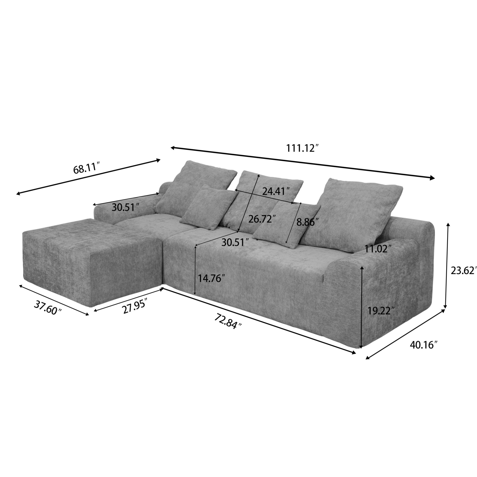 Modern L Shaped Sectional Sofa, Modular Velvet Couch With Adjustable Configurations - Gray - Image 3
