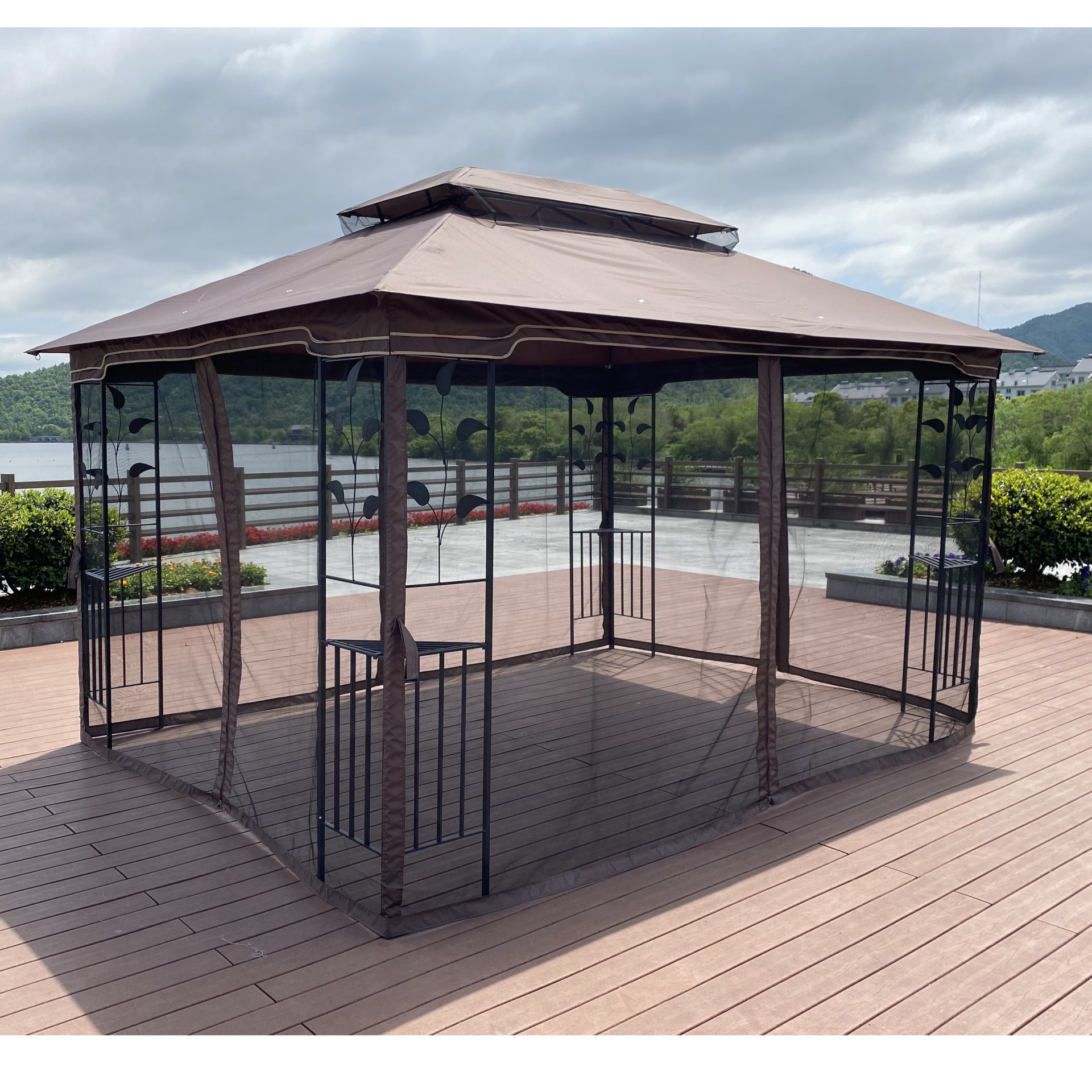 13 X 10 Ft Patio Gazebo Tent With Ventilated Double Roof And Mosquito Net - Brown - Image 8