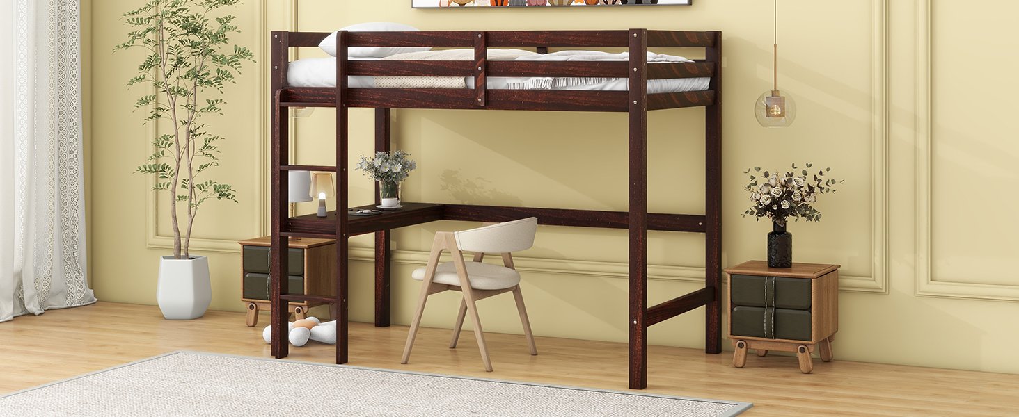 Twin Loft Pine Wood Bed With Built-In Desk, Safety Guardrails, Ladder - Espresso - Image 6