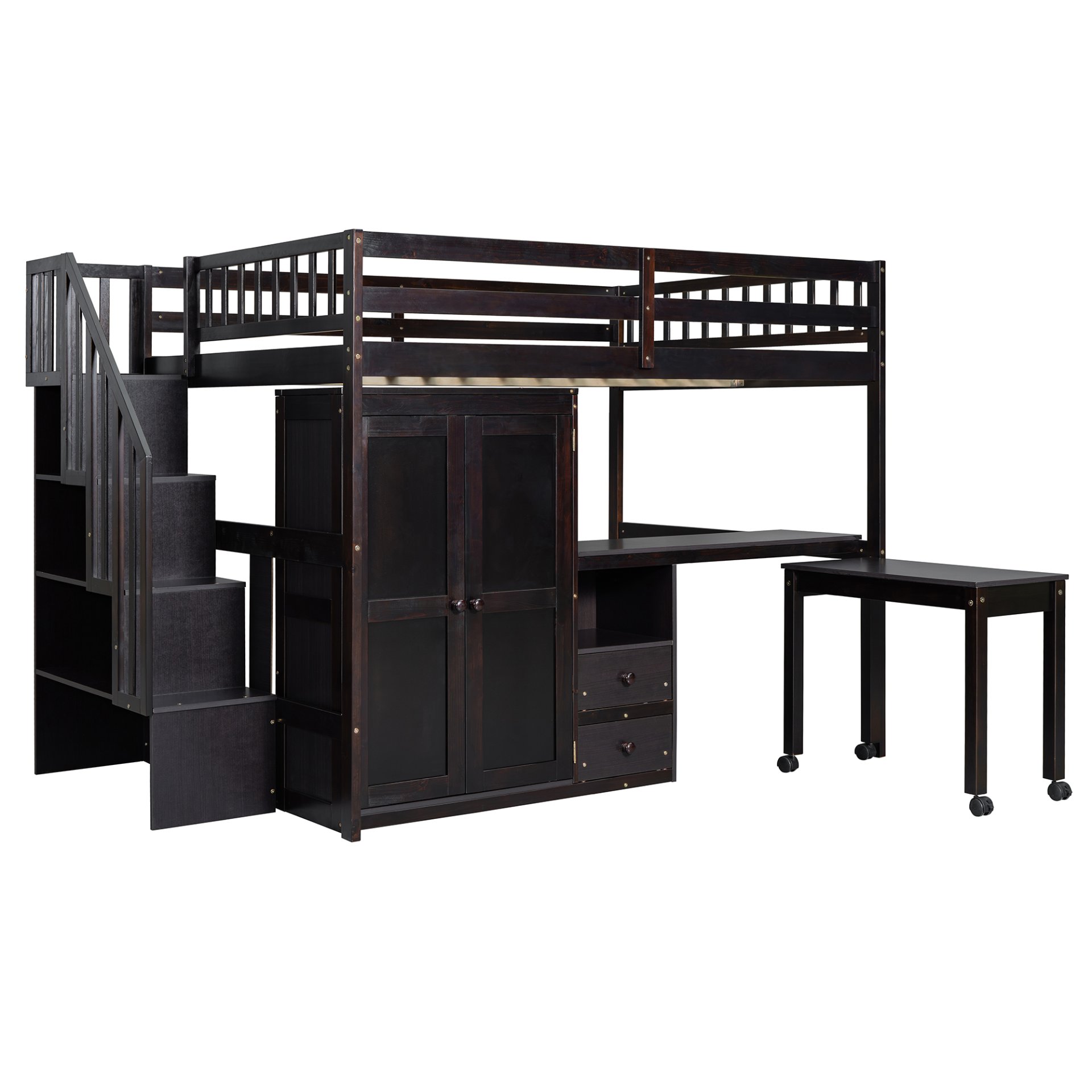 Full Size Loft Bed With Stairs, Bookshelf, Drawers, Desk & Wardrobe, Space Saving Multifunctional Furniture - Espresso - Image 9