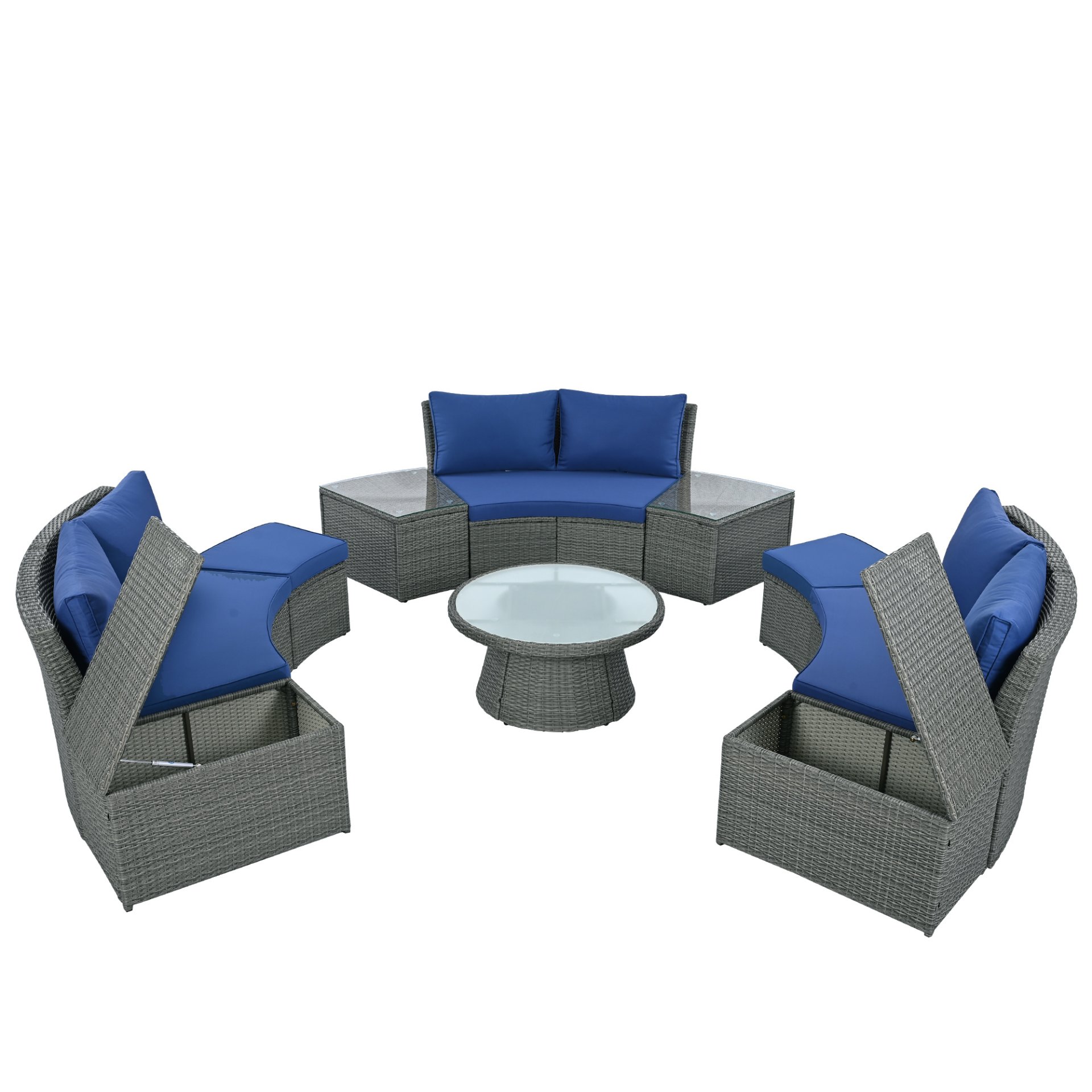 10 Piece Outdoor Sectional Half Round Patio Rattan Sofa Set, Wicker Conversation Furniture Set For Free Combination - Blue - Image 17
