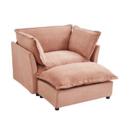 Modern Cozy Upholstered Armchair Sofa With Movable Ottoman, Wide Seat And Curved Armrests - Pink