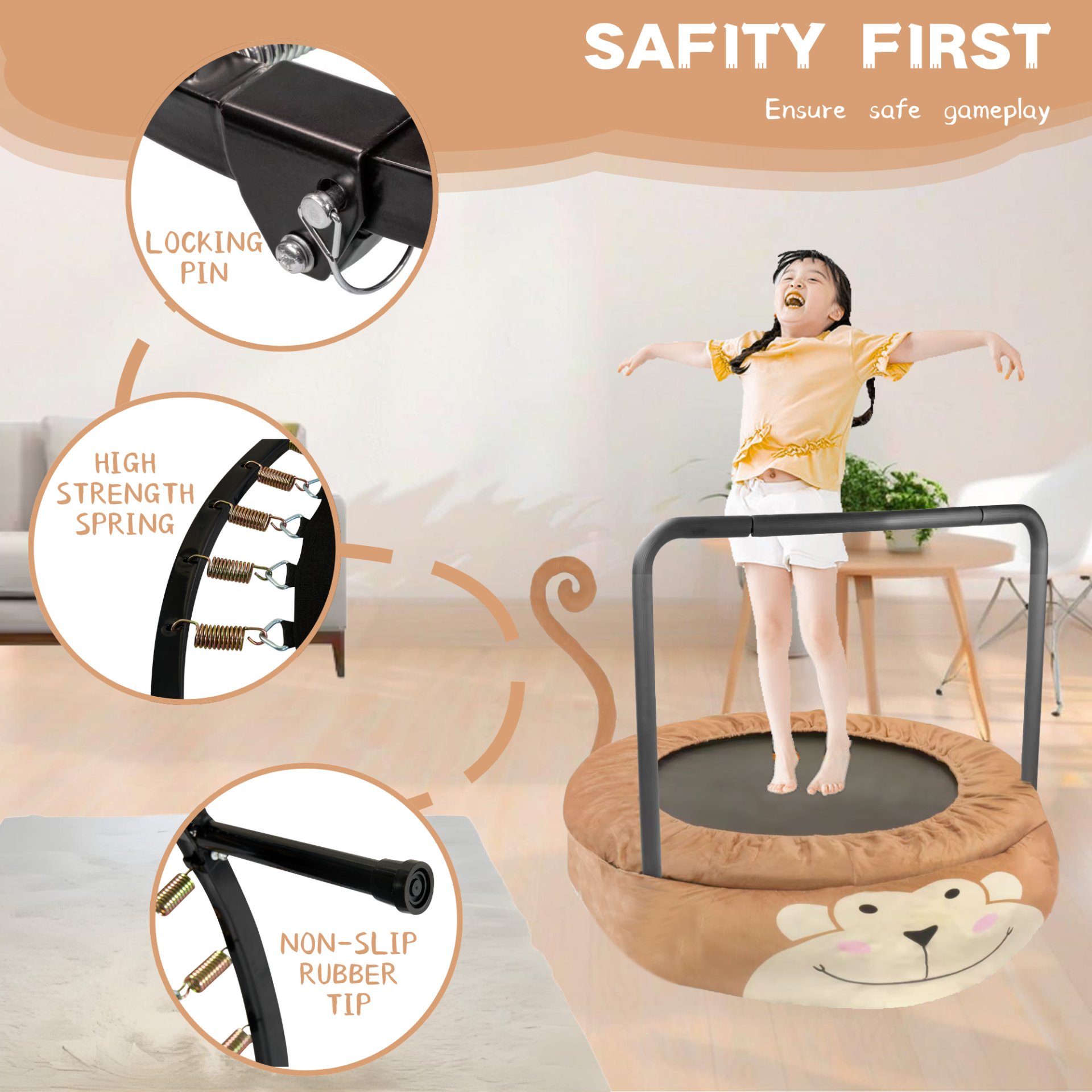 Monkey Children's Trampoline Happy Expression Outdoor / Indoor Dual Use, Foldable Iron Tube - Yellow / Black - Image 4